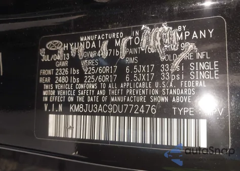 2013 Hyundai Tucson Gls z USA, uszkodzony, nr VIN KM8JU3AC9DU772476